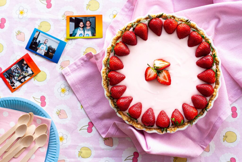 Strawberries and cream tart with a coconut biscuit crust